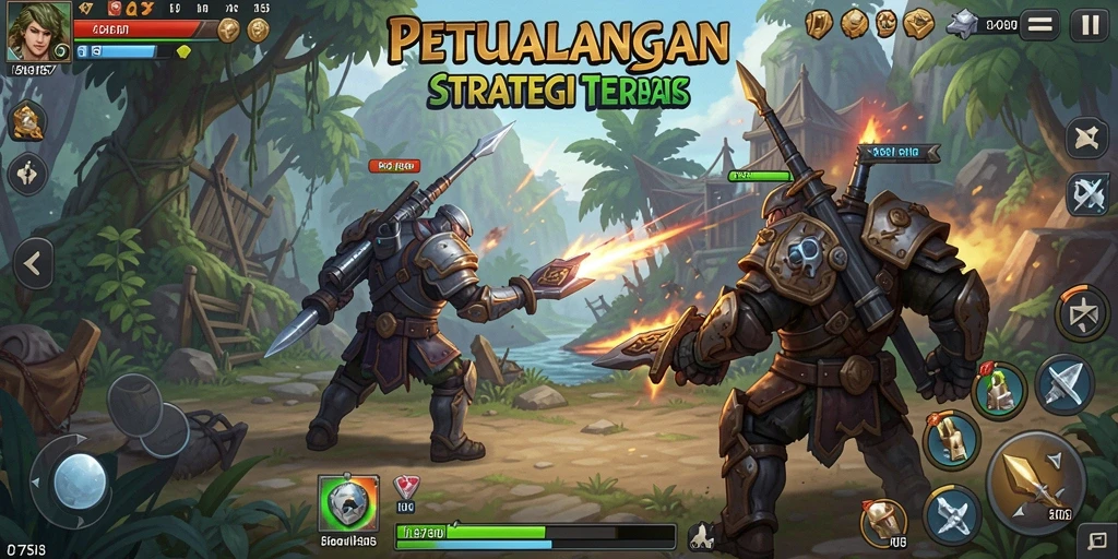 Screenshot gameplay yang menunjukkan strategi dalam bertempur dan membangun.