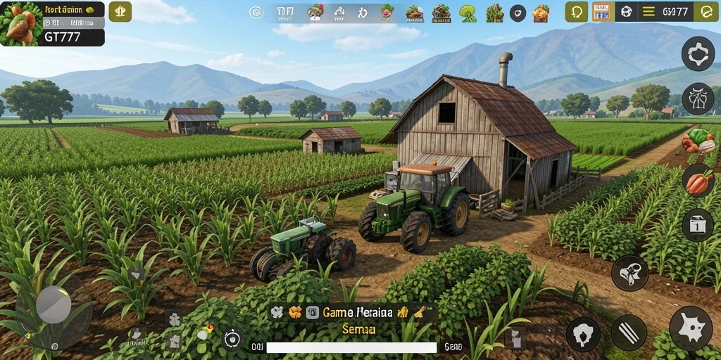 Screenshot gameplay GT777 menampilkan petani yang bekerja di ladang hijau.