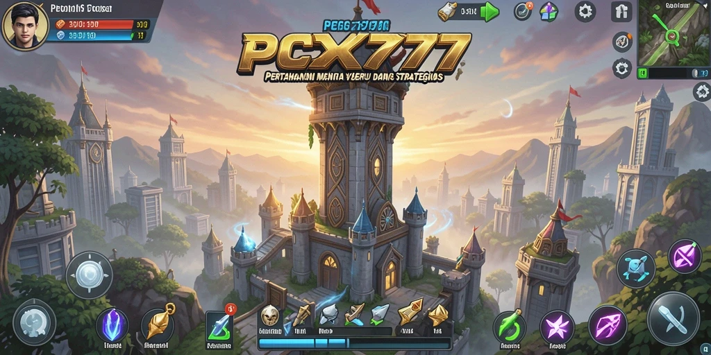 Screenshot gameplay PCX777 menampilkan menara dan musuh yang mendebarkan.