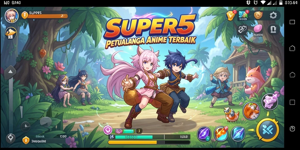 Tangkapan layar utama SUPER5 menampilkan aksi seru karakter Anime.